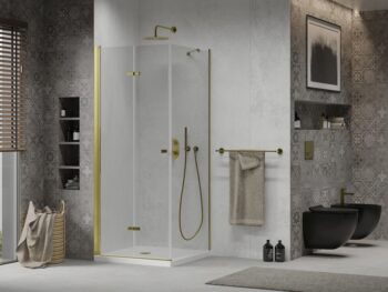 MEXEN/S - Sprchovací kút zalamovací Lima 90x90, číre sklo, zlatý + vanička 856-090-090-50-00-4010