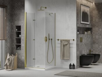 MEXEN/S - Sprchovací kút zalamovací Lima 90x90, číre sklo, zlatý + vanička 856-090-090-50-00-4010