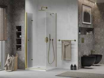 MEXEN/S - Sprchovací kút zalamovací Lima 90x90, číre sklo, zlatý + vanička 856-090-090-50-00-4010