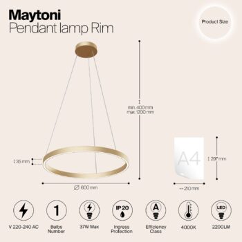 Maytoni LED závesné svietidlo Rim 1-light mosadzná farba Ø60cm 4000K