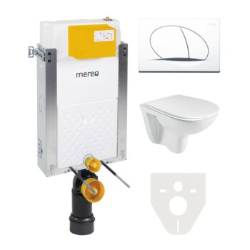 Mereo WC set - Rimless WC, modul na zamurovanie, biele oválne tlačidlo MM01SETR