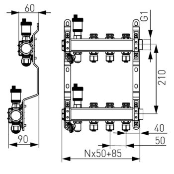 NOVASERVIS - Rozdeľovač nerez s regulačnými mechanickými ventilmi 2okruhy SN-RO02S