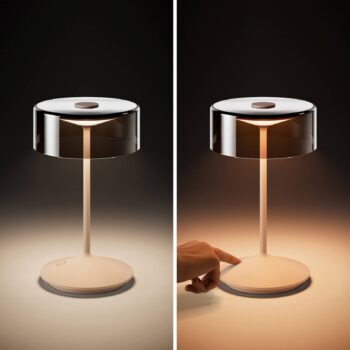 Nabíjateľná stolná lampa Numotion LED, béžová, sklo, IP54, stmievateľná