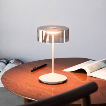 Nabíjateľná stolná lampa Numotion LED, béžová, sklo, IP54, stmievateľná