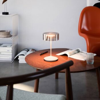 Nabíjateľná stolná lampa Numotion LED, béžová, sklo, IP54, stmievateľná