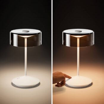 Nabíjateľná stolná lampa Numotion LED, biela, sklo, IP54, stmievateľná