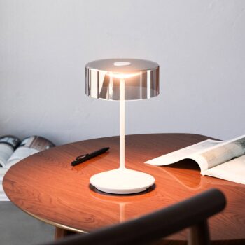 Nabíjateľná stolná lampa Numotion LED, biela, sklo, IP54, stmievateľná