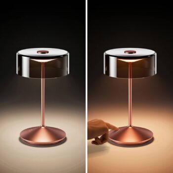 Nabíjateľná stolná lampa Numotion LED, ružové zlato, sklo, IP54, stmievateľná