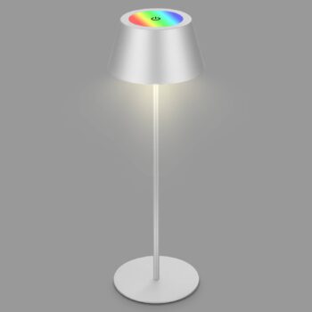 Nabíjateľná stolová lampa Kiki LED, matný chróm, IP44, 3 000 K, RGBW