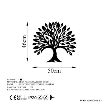 Nástenné svetlo Heart Tree V2, čierne, kovové, zástrčka, vypínač