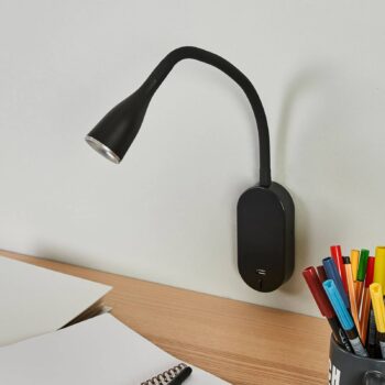 Nástenné svietidlo Lindby LED Enna, 34 cm, čierne, vypínač, USB