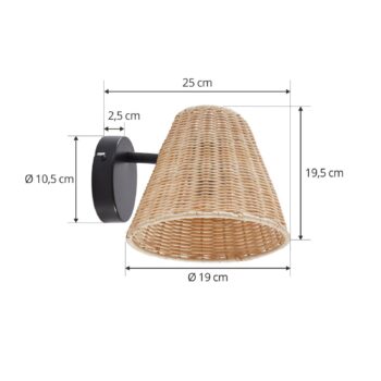 Nástenné svietidlo Lindby Zyralia, farba dreva, ratan, výška 19,5 cm