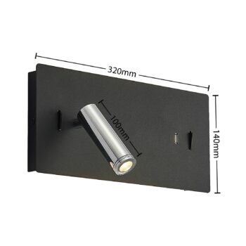 Nástenné svietidlo Lucande LED Kimo, 32 cm, čierne, hliník, USB