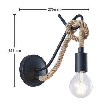Nástenné svietidlo Lucande Ropina, čierne, konopné lano, výška 25 cm