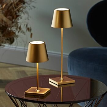 Nuindie mini LED dobíjacia stolná lampa, USB-C, zlatá, IP54, stmievateľná
