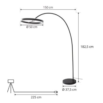 Oblúková lampa LED Lucande Yekta, čierna, 183 cm, stmievateľná