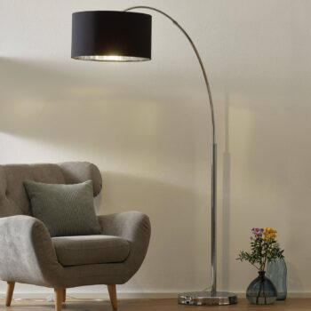 Oblúková lampa Mara, kov, textil, chróm, čierna
