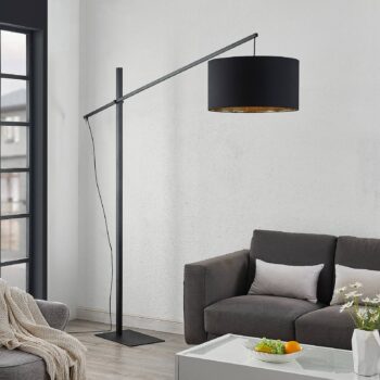 Oblúková stojacia lampa Arcchio Mossa, 200 cm, čierno-zlatá, textil