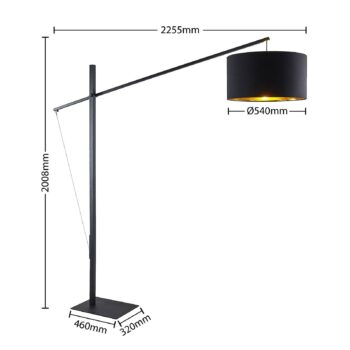 Oblúková stojacia lampa Arcchio Mossa, 200 cm, čierno-zlatá, textil