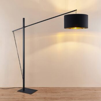Oblúková stojacia lampa Arcchio Mossa, 200 cm, čierno-zlatá, textil