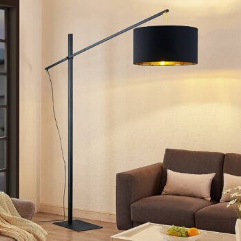 Oblúková stojacia lampa Arcchio Mossa, 200 cm, čierno-zlatá, textil