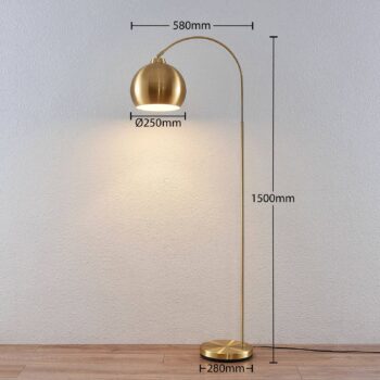 Oblúková stojacia lampa Lindby Moisia, mosadzná farba, kov, 148 cm