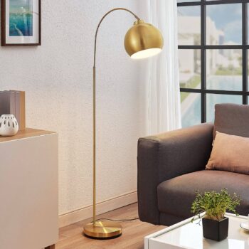 Oblúková stojacia lampa Lindby Moisia, mosadzná farba, kov, 148 cm