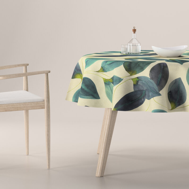 Obrus okrúhly, smaragdovo - zelené listy s fialovým nádychom na plátne, Abigail, 143-15 Obrus okrúhly, smaragdovo - zelené listy s fialovým nádychom na plátne, Abigail, 143-15