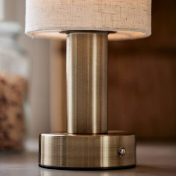 PR Home Nabíjateľná stolová lampa Tiara, CCT, ľan/mosadz