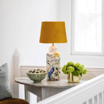 PR Home Stolná lampa Li Na, zlatá, Ø 30 cm, keramika, zamat