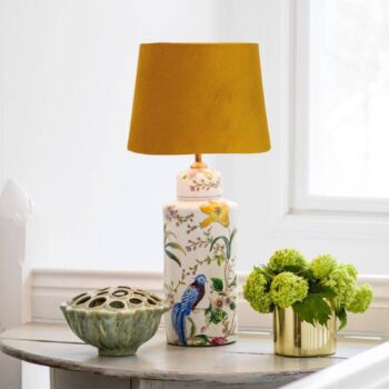 PR Home Stolná lampa Li Na, zlatá, Ø 30 cm, keramika, zamat