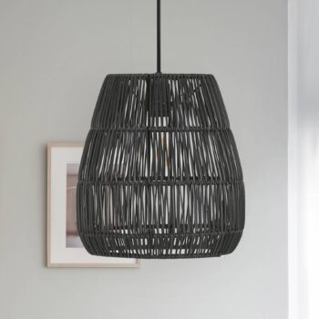 PR Home Závesné svietidlo Saigon, ratanový vzhľad, čierne, Ø 38 cm