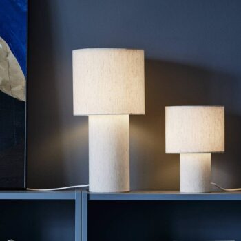 PR Home stolová lampa Leah, béžová, výška 28 cm, textil