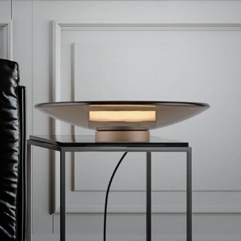 PURE LED stolová lampa Moon, sklo v bronzovej farbe/hliníkový stmievač