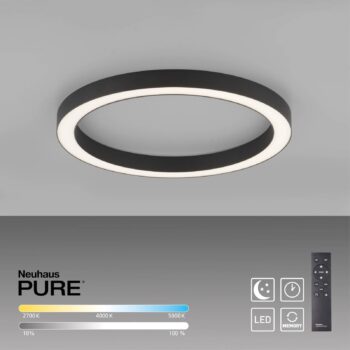 PURE stropné LED svetlo Lines, Ø 50 cm, antracitová, CCT, diaľkové ovládanie
