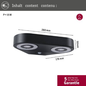 Paulmann LED senzorové nástenné svietidlo Silma antracit 2-svetelné IP44