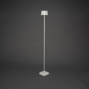 Pekná nabíjateľná stojacia lampa LED, biela, hliník, IP54, stmievač, CCT