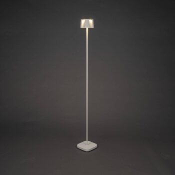Pekná nabíjateľná stojacia lampa LED, biela, hliník, IP54, stmievač, CCT
