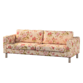 Poťah na sedačku Karlstad (nerozkladací, 3-miestny, krátky), výrazný vzor ružovozelené kvety na ľanovom podklade , 204 x 89 x 64 cm, Londres, 143-87