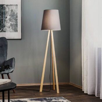 Quitani trojnožková stojacia lampa Jata, drevo, chintz grafit