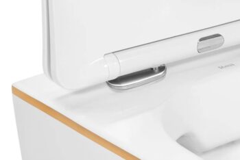 REA - Závesná WC misa vrátane sedátka Carlo Mini Flat biela/zlatý prúžok REA-C1222