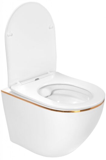 REA - Závesná WC misa vrátane sedátka Carlo Mini Flat biela/zlatý prúžok REA-C1222