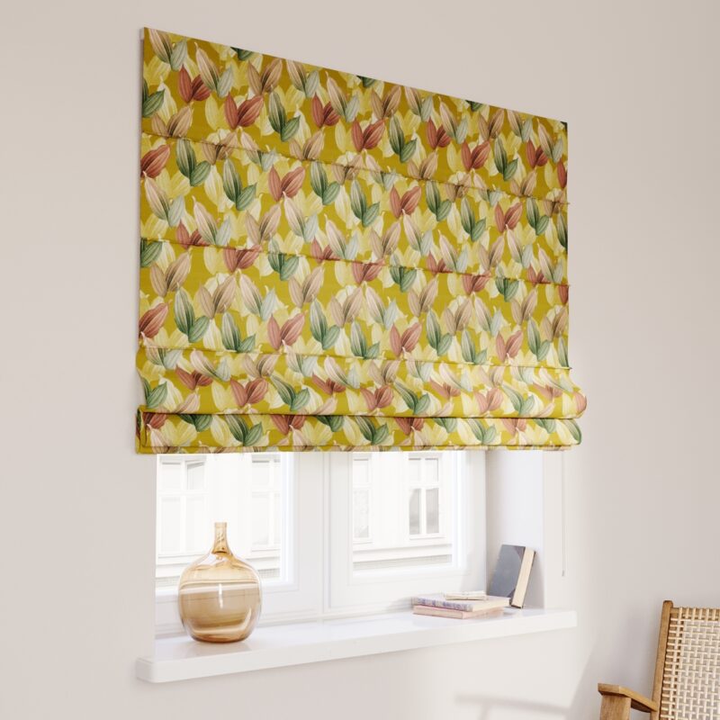 Rímska roleta Capri, farebné lístie na horčicovom podklade, Abigail, 143-22 Rímska roleta Capri, farebné lístie na horčicovom podklade, Abigail, 143-22