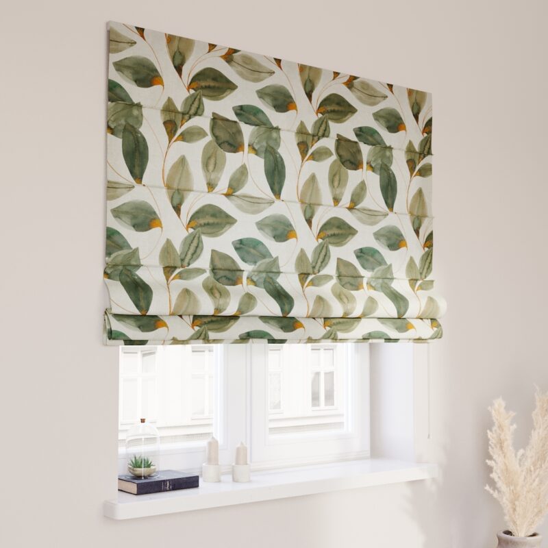 Rímska roleta Capri, pomarančovo - hnedé listy na sivom plátne, Abigail, 143-17 Rímska roleta Capri, pomarančovo - hnedé listy na sivom plátne, Abigail, 143-17