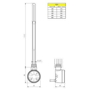 SAPHO - MOA vykurovacia tyč s termostatom, 300 W, chróm MOA-C-300