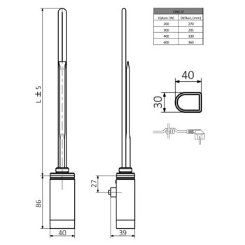 SAPHO - ONE D vykurovacia tyč s termostatom, 400 W, pravá, chróm ONE-D-C-400