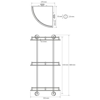 SAPHO - X-ROUND E polička sklo roh trojitá s hrazdou, 270x660x355, chróm XR606