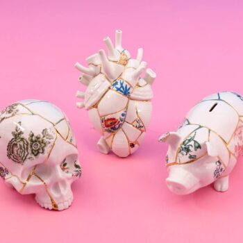 SELETTI Socha Kintsugi Skull, biela, porcelán, zlato