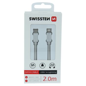 SWISSTEN Kábel USB-C Lightning textilný 2 m 3A, strieborná