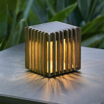 Solárna stolová lampa Verti LED, teakovo-sivá, 3 000 K, 300 lm